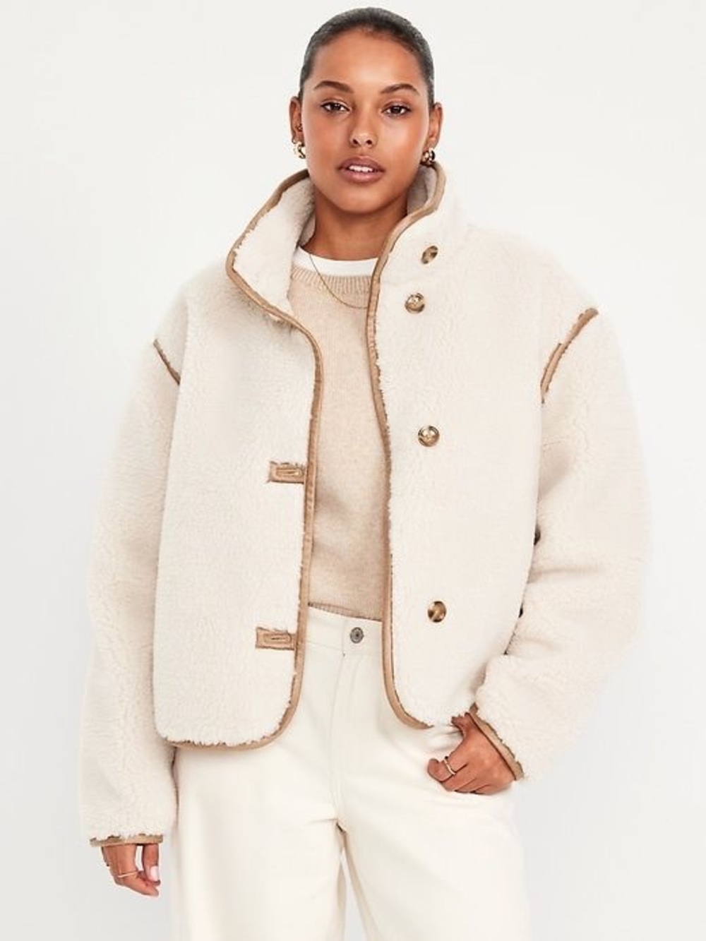 Old Navy Oversized Sherpa Aviator Jacket Taupe Cream Size Medium Tall